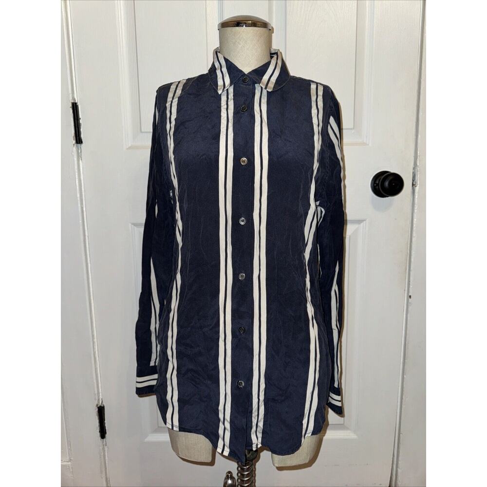 Frances Austen Vertical Stripe Navy Cream‎ 100% Silk Blouse Size M